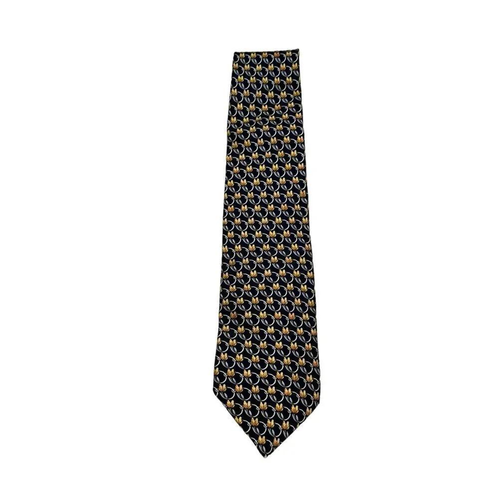 Men’s Lancel Paris Brand 100% Silk Navy‎ and Yellow Floral Neck Field